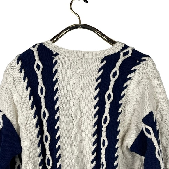 TALBOTS VINTAGE HAND KNIT COTTON NAUTICAL COLORBLOCK CABLE KNIT CREW SWEATER - Picture 7 of 12